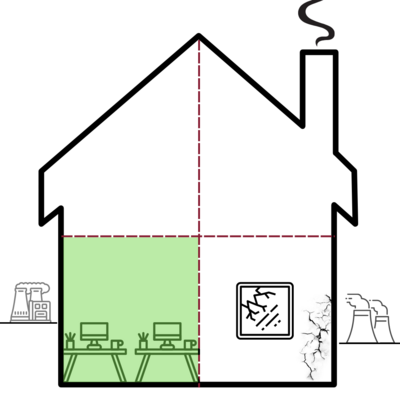 Ein Haus als Piktogramm. Eine Fläche im unteren Geschoss ist grün markiert. Es sind nun zwei Schreibtische anstatt ein Schreibtisch im Raum.