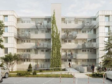 Perspektive der Eingangsseite, helle Fassade mit Begrünung und auskragende Freisitze